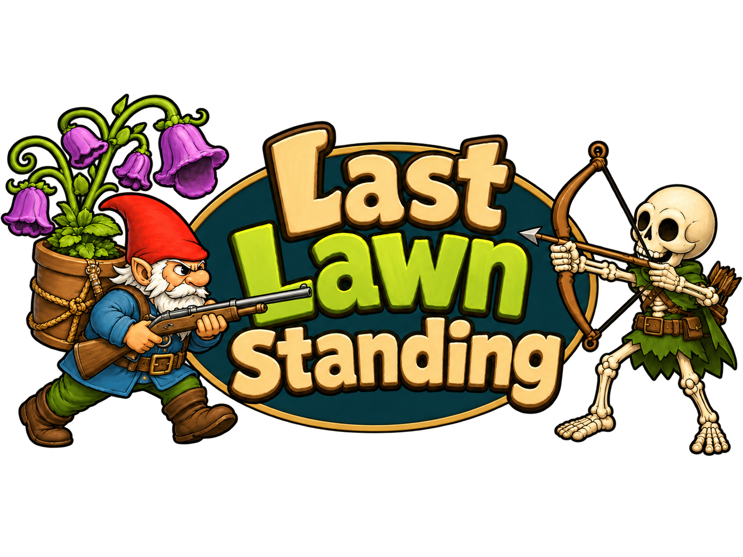Last Lawn Standing logo, with a garden gnome and a skeleton archer